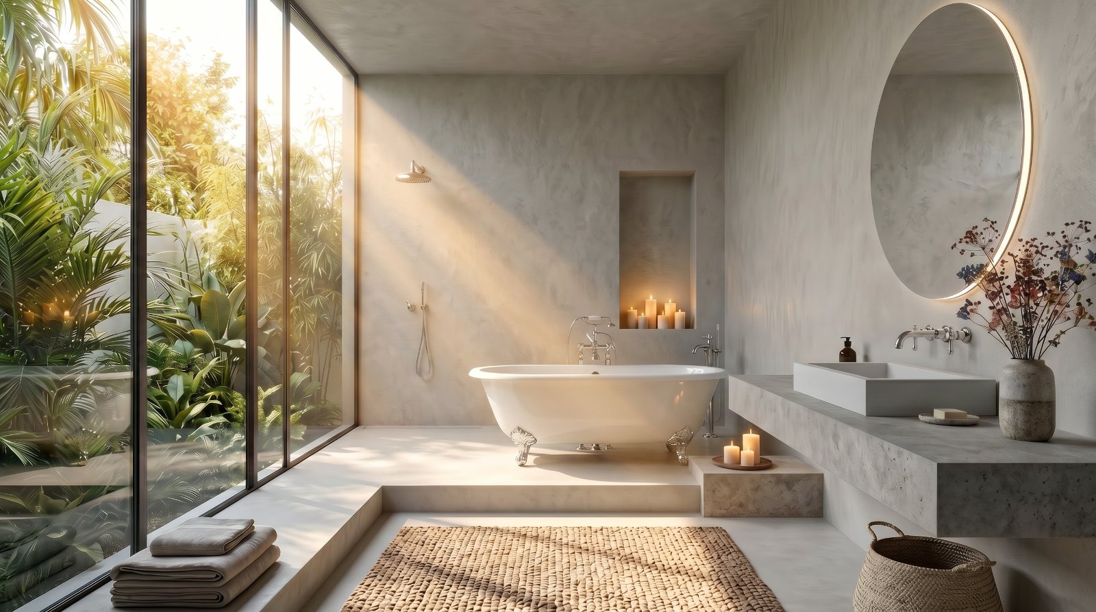 A serene spa bathroom opening onto a garden
